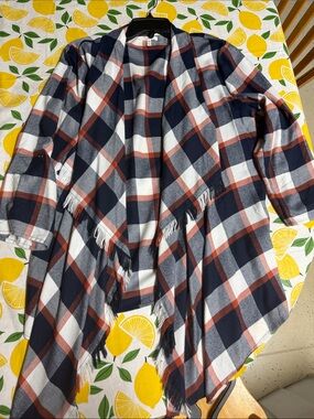 Maurices Navy White and Rust Plaid Fringe Open Poncho
